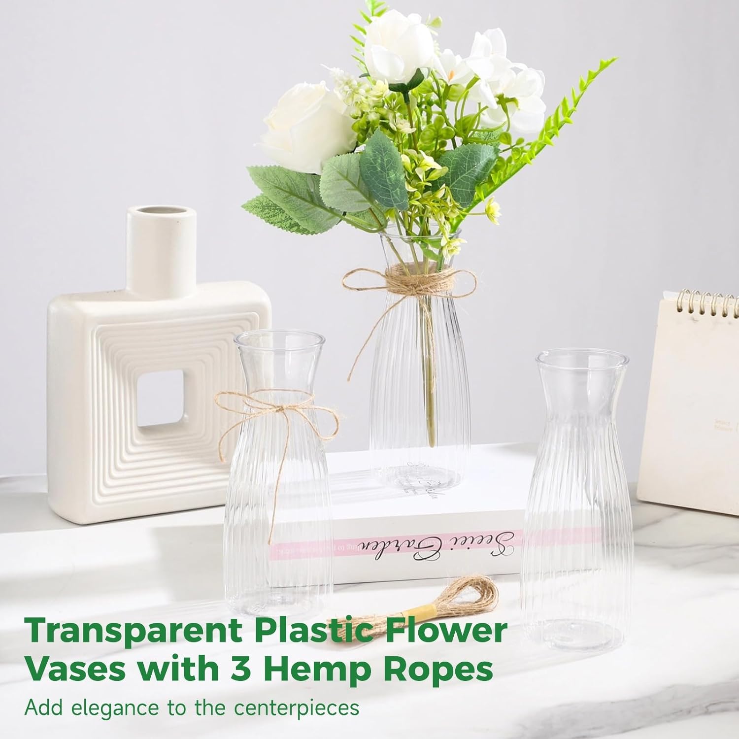 20 Pcs Plastic Bud Vases Bulk with Hemp Ropes Small Mini Flower Vases for Centerpieces Small Clear Container for Flowers for Centerpiece Home Table Wedding Decor