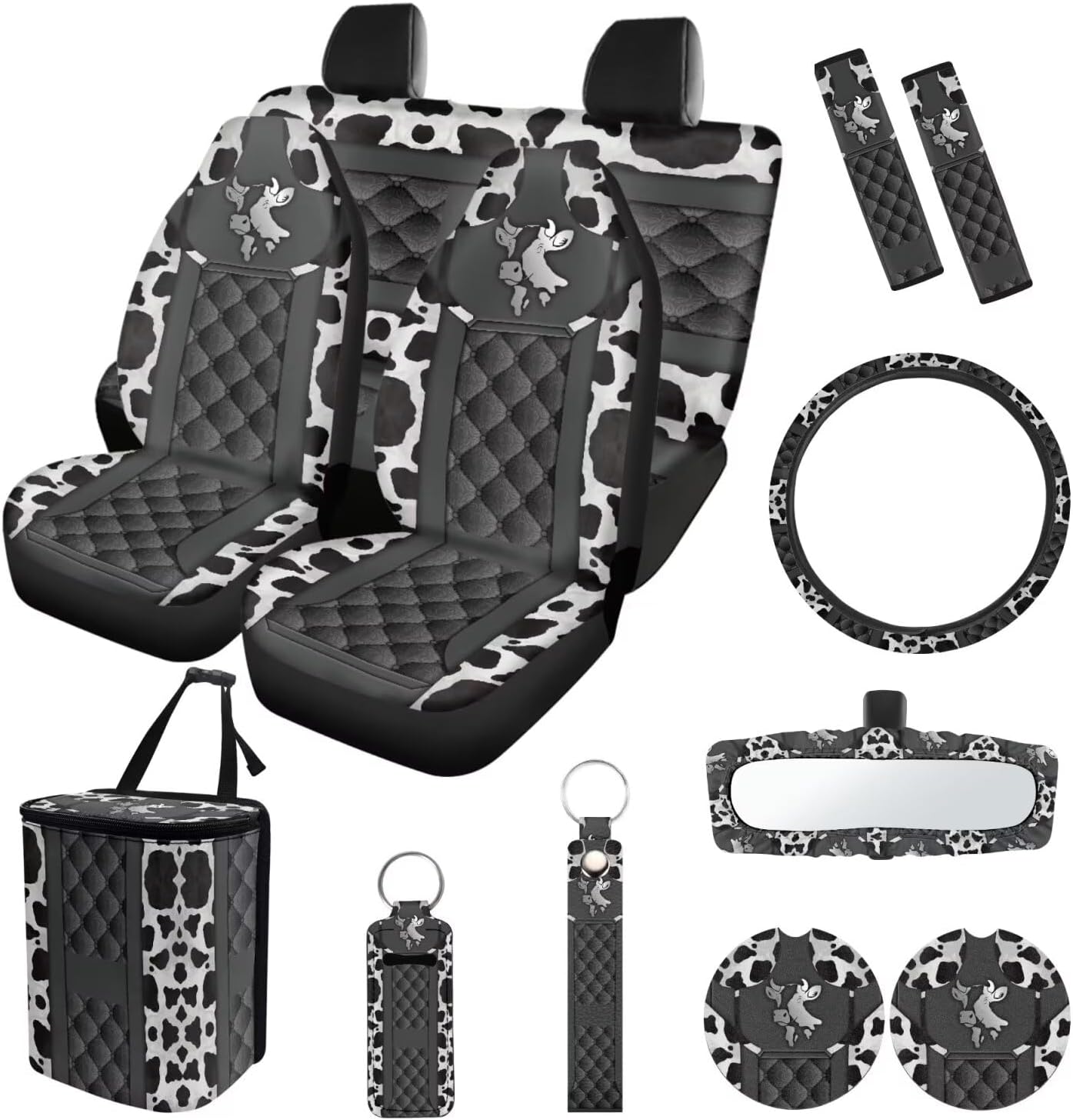Suobstales Cow Print Car Seat Cover Interior Accessories Set of 13, Steering Wheel Covers, Car Trash Can, Seatbelt Cover, Coasters, Keychains, Rearview Mirror Cover Universal Fit Truck SUV Sedan