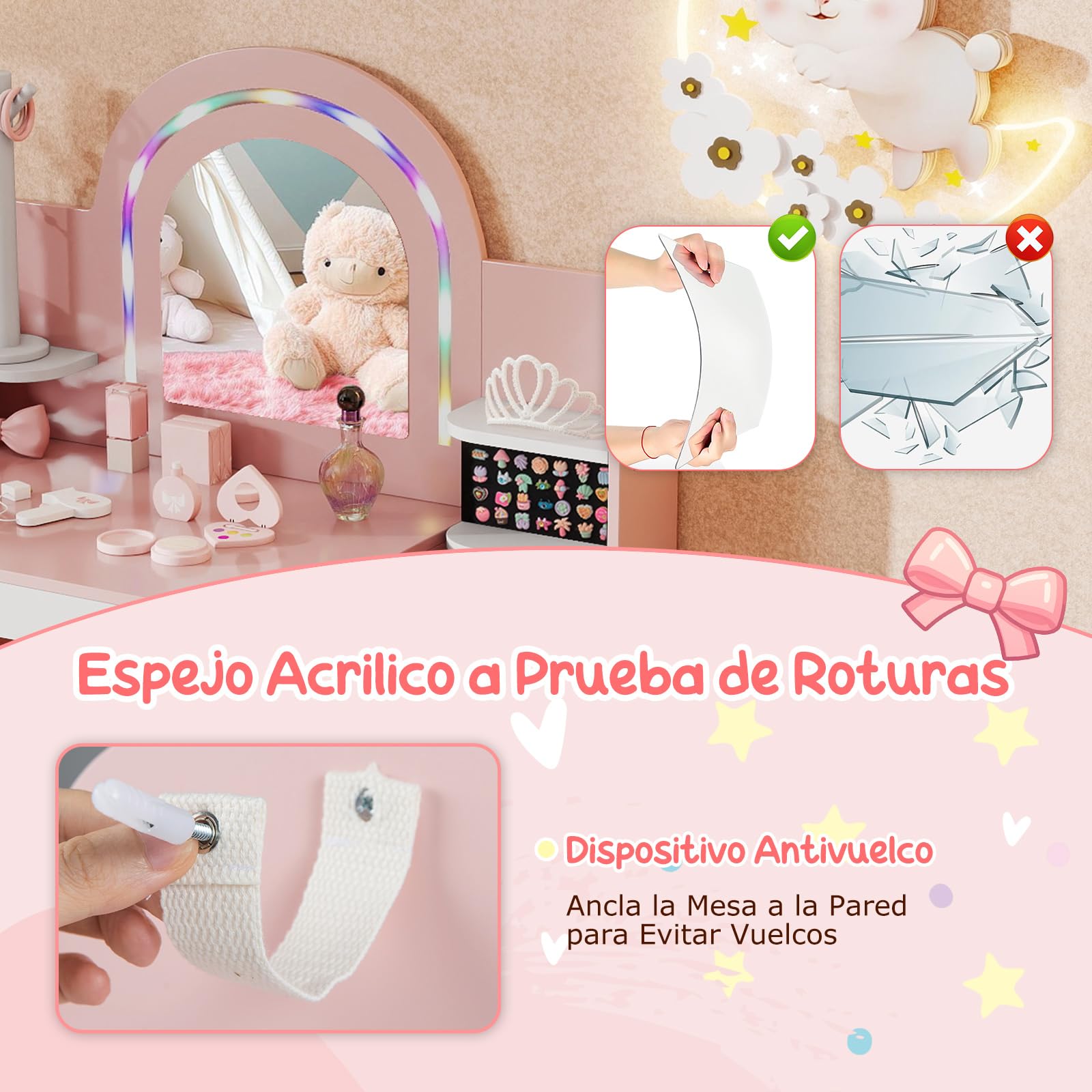 COSTWAY Tocador Niña con Espejo y Luces, Tocador de Maquillaje Niña con Estantes Abiertos, Soporte para Joyas, Estantería de 2 Niveles y Caja de Tela, Mesa de Maquillaje para Niñas de 3+ Años (Rosa)