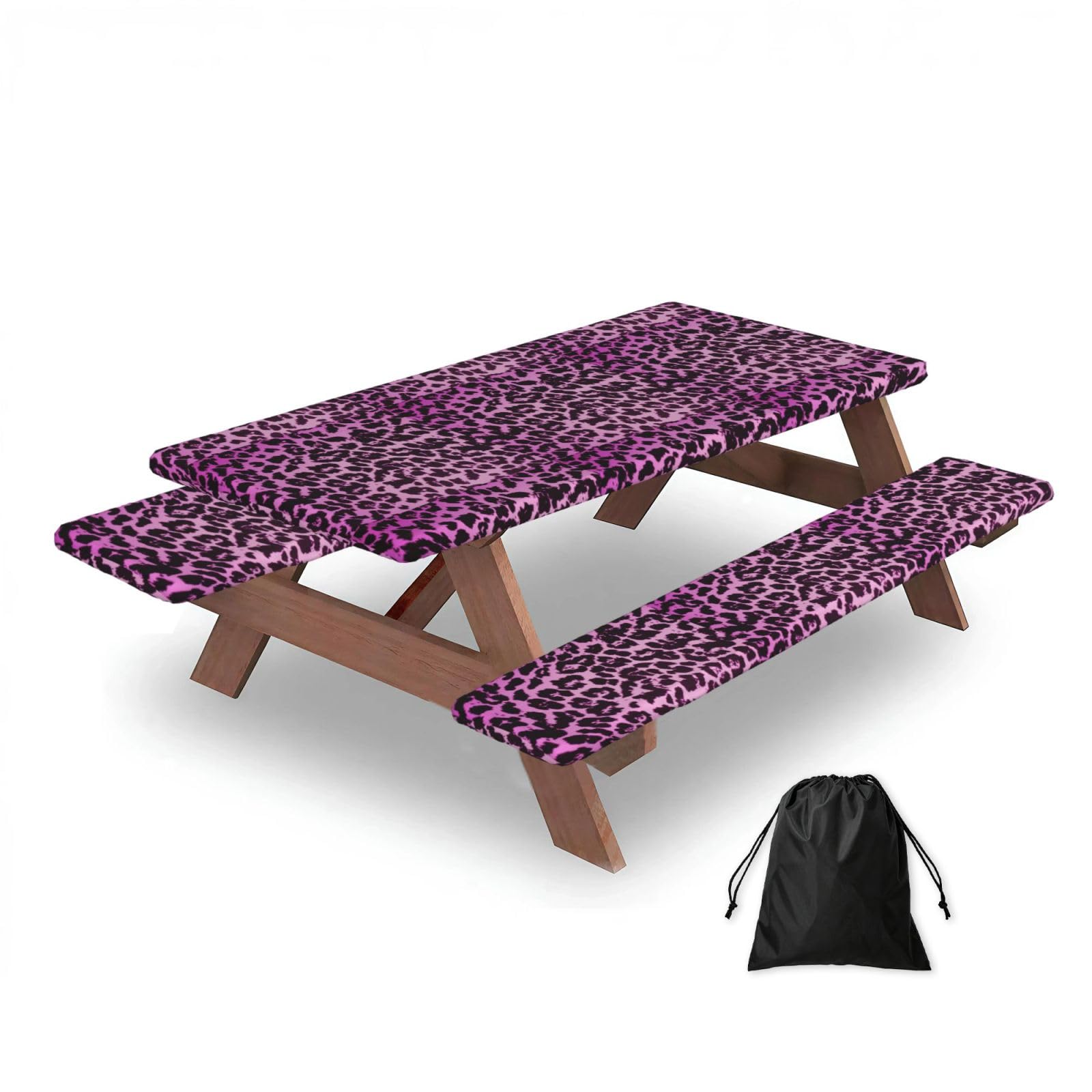 Purple Leopard, Picnic Table Cover With Bench Covers -Waterproof Elastic Fitted Tablecloth for Garden Camping Patio 76x152cm