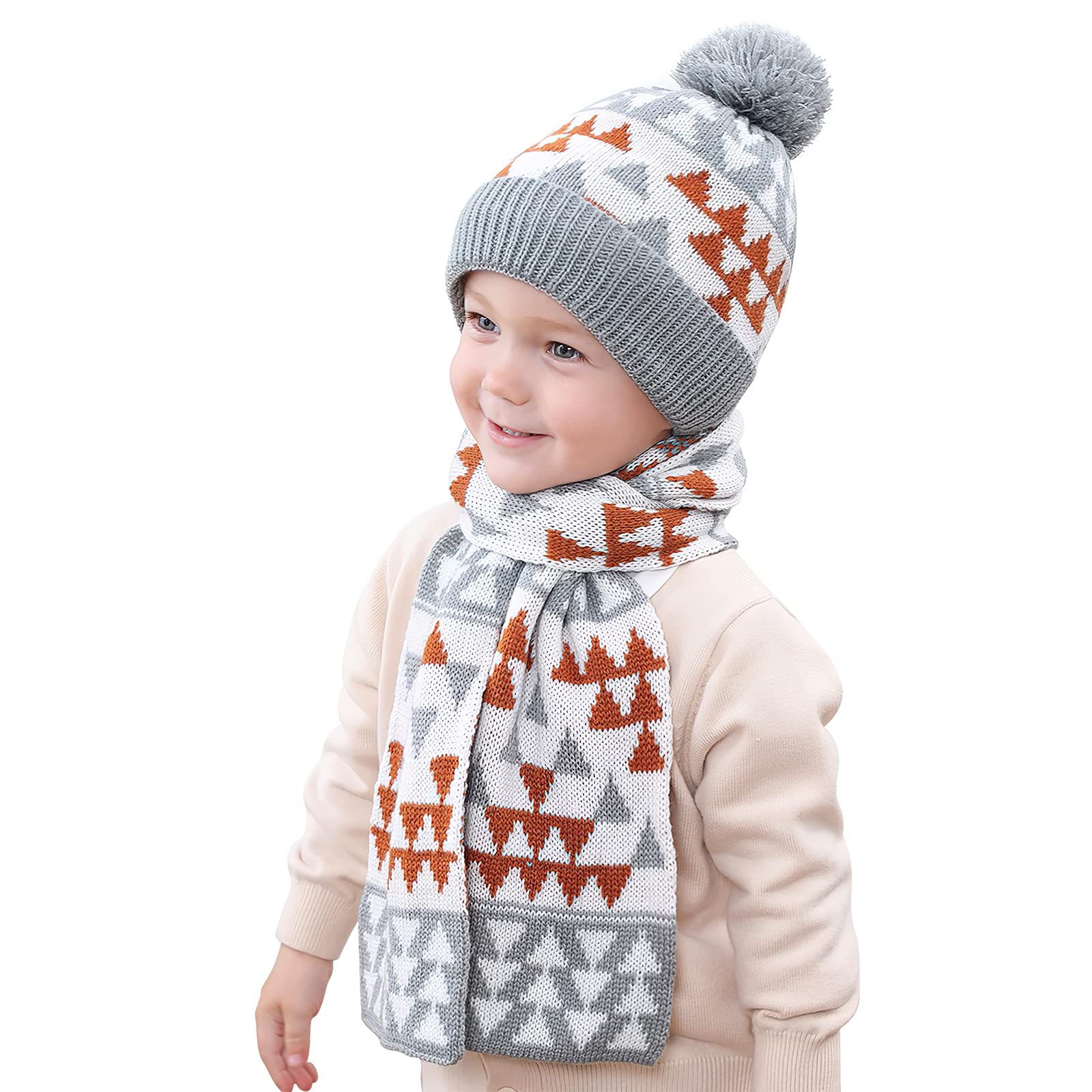 TAGVO Invierno Set de Bufanda y Gorro para Niños, Dinosaurio Sombreros de Caliente Punto con Algodón Grueso y Calentador de Cuello Cálido Bufanda de Sombrero Suave Elástica Térmica 2 en 1(3-6 Años)