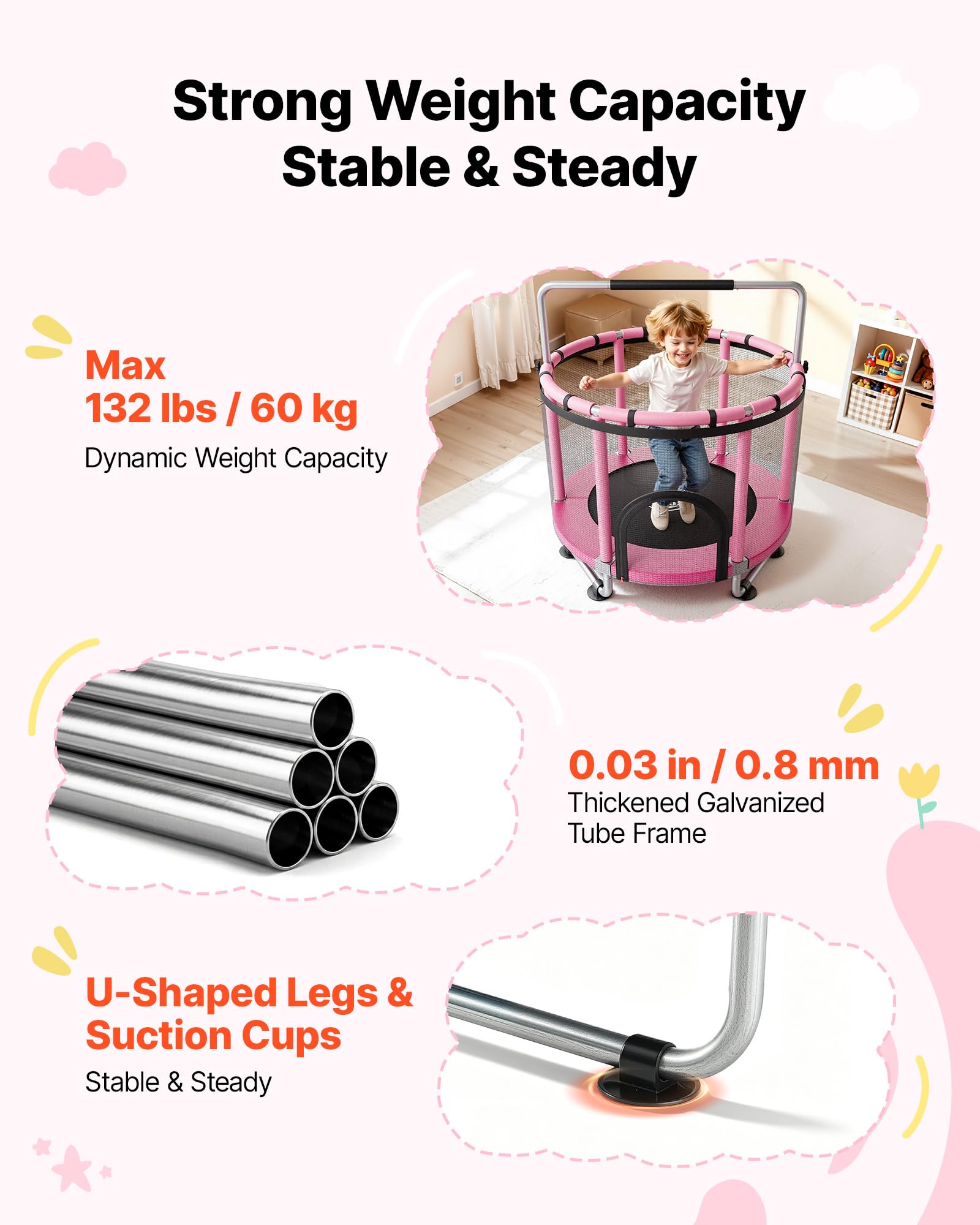 VEVOR Trampolino Elastico per Bambini 142 cm Carico 60 kg Rete Protezione, Giocattolo per Divertimento Esercizio Bambini da Interno Esterno Barra Regolabile, Trampolino Uso Domestico, Colore Rosa