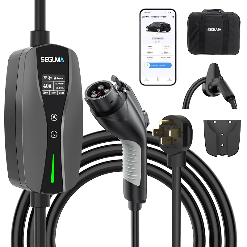 Carregador para Veículo Elétrico Nível 2 SEGUMA 40 A Wi-Fi com APP, 240 V, conector J1772, plugue NEMA 14-50, preto