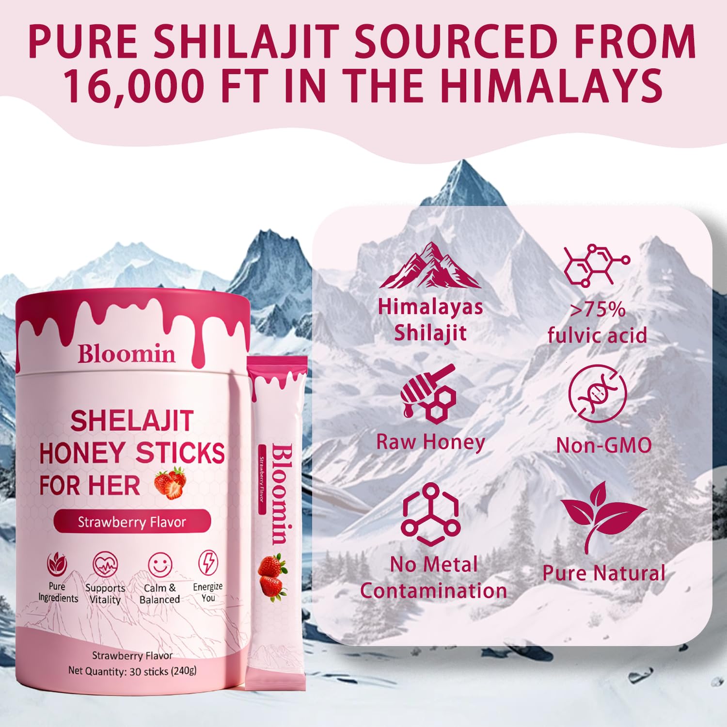 Bloomin Honey Sticks, Shilajit Honey Sticks for Women with Shatavari, Hormonal Balance, Energy Boost&hormonal Balance, Himalayan Shilajit 30 Sticks (Strawberry)