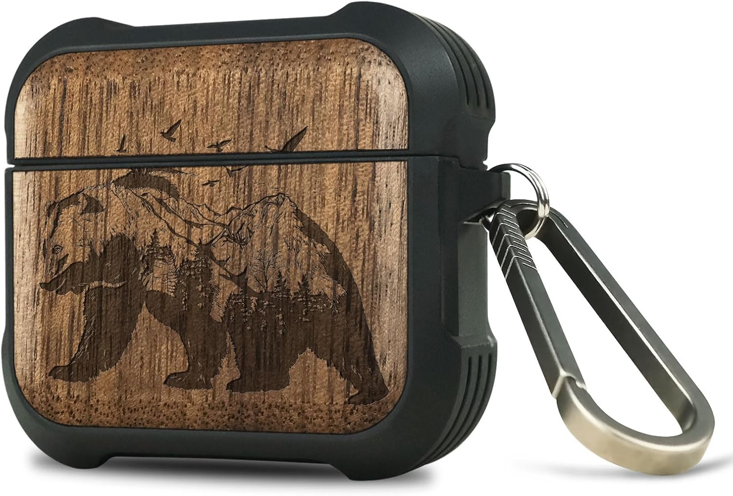 Carveit Wooden Case for AirPods 4 Case (2024) (USB-C) 4th Generation, Wood Artisan Engraved & TPU Shockproof Cover, Titanium Quick Released Clasp (Bear and Valleys) Walnut