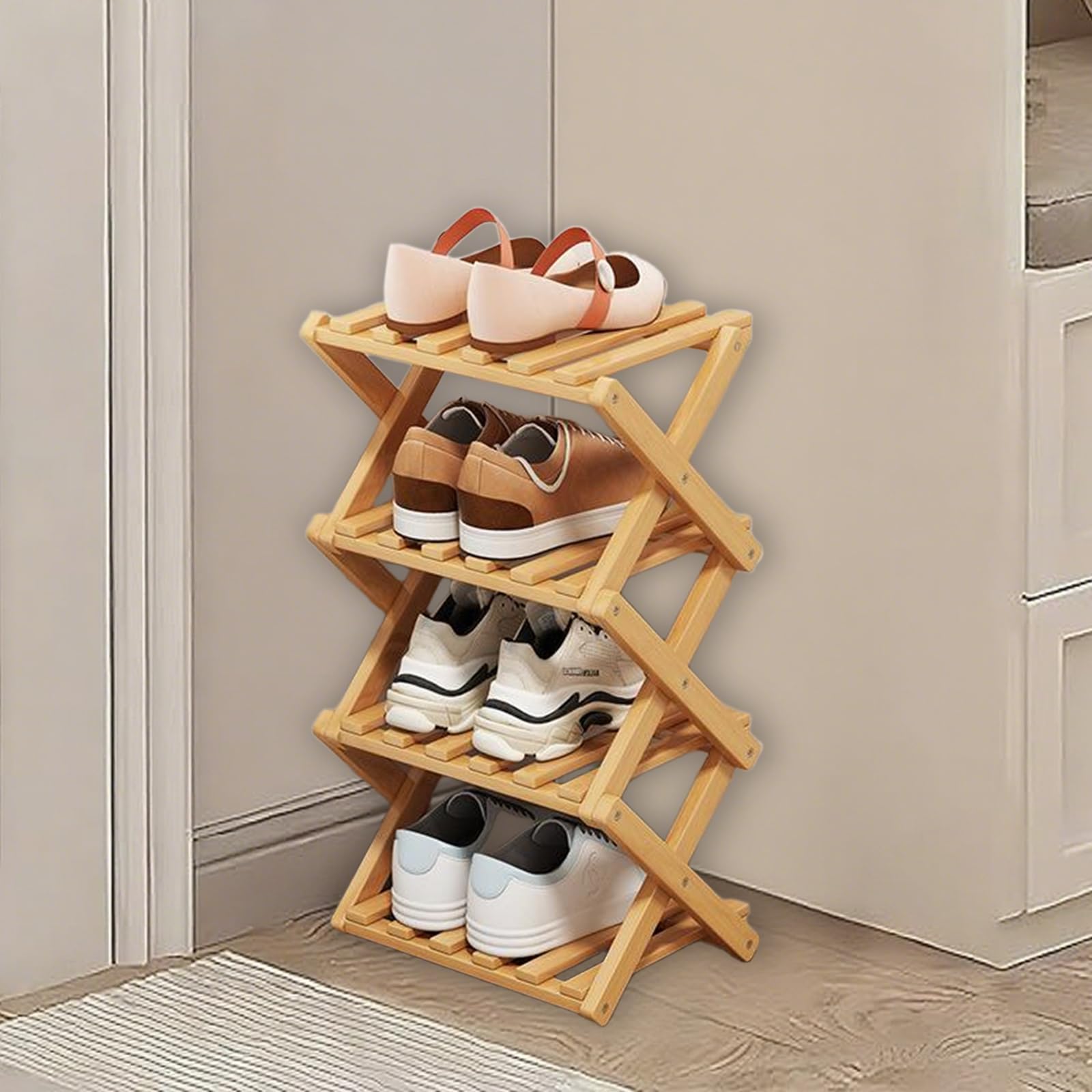 Kiss Me 4-Tier Foldable Bamboo Shoe Rack Vertical Narrow Entryway Organizer