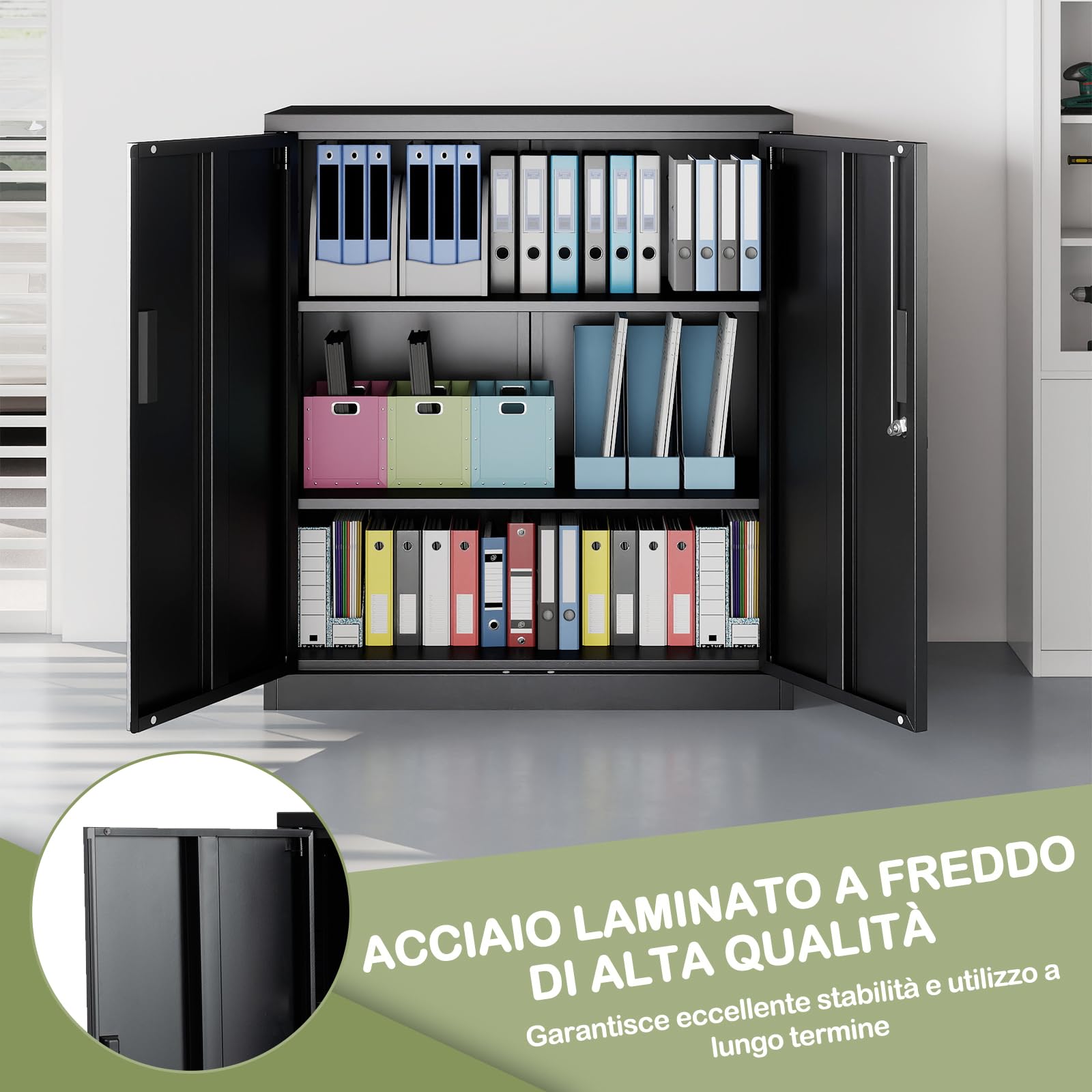COSTWAY Armadio Portadocumenti, Armadio Multiuso con 2 Ante con Serratura e 2 Ripiani Regolabili, per Ufficio, Soggiorno e Scuola, 80 x 40 x 91 cm
