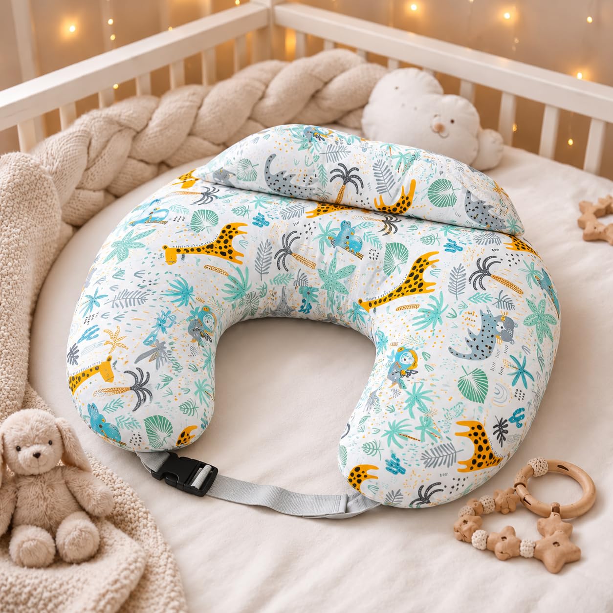Babymam Coussin d'allaitement avec Ceinture de Sécurité, Allaitement pour Bébé, Bio 100% Coton Déhoussable, Design Safari