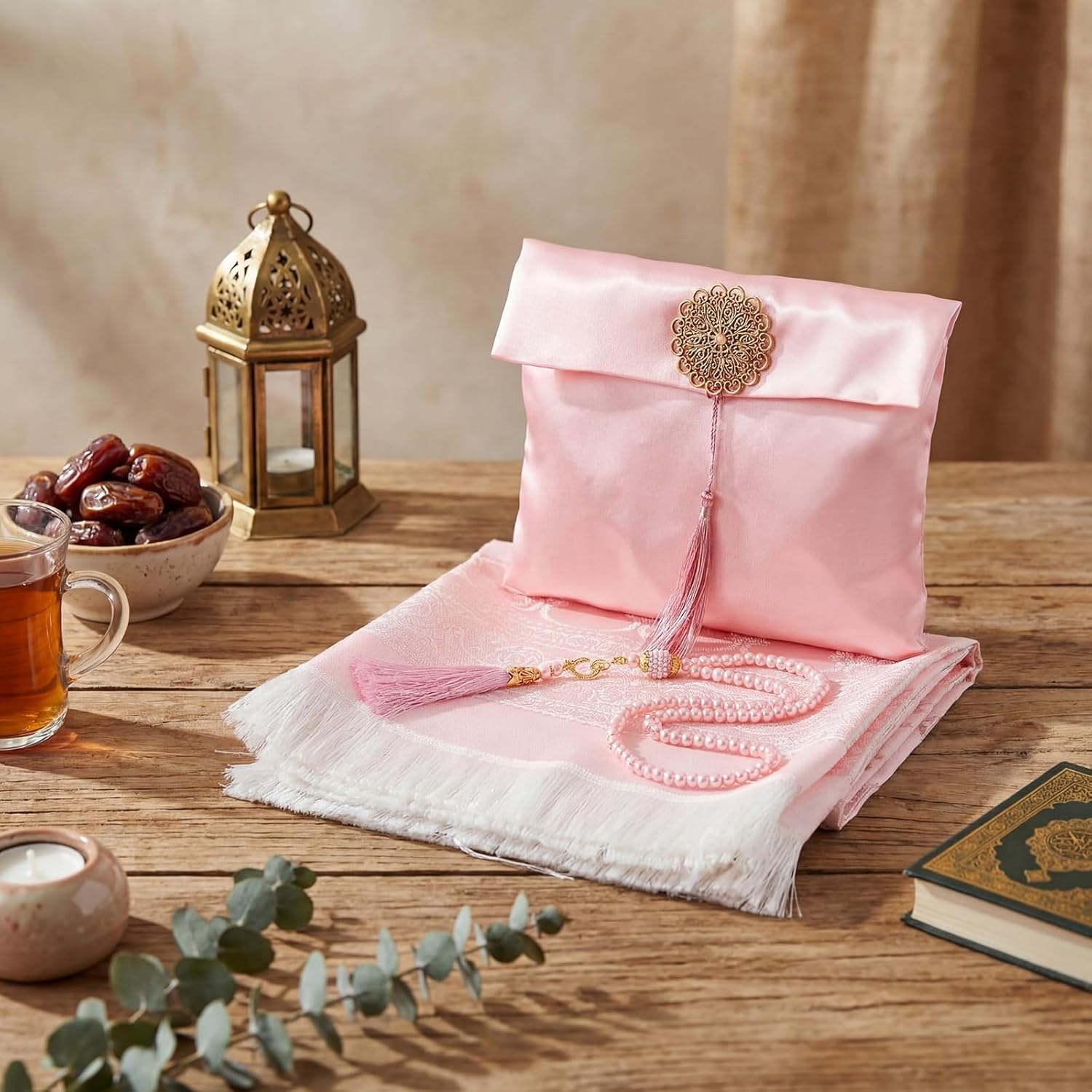 Dunzy 6 Sets Pink Muslim Prayer Mat Rug with Prayer Beads and Portable Bag Muslim Gift for Women Men, Tasbih, Janamaz, Mubarak Islamic Gift, Eid Ramadan Party, Sajadah for Ramadan Eid Hajj Travel Pray