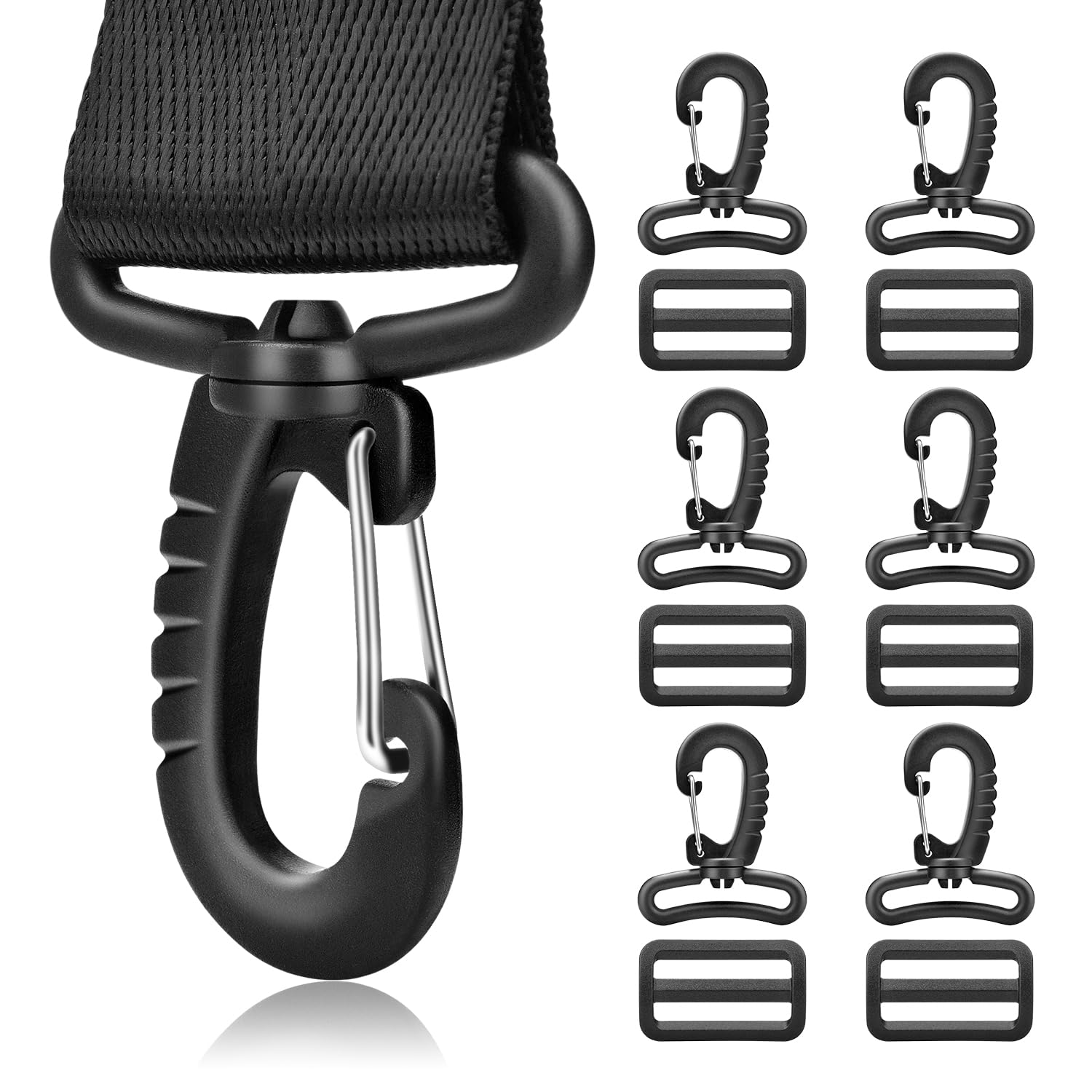 CooBigo 1-1/2" Plastic Clip Snap Hook Replacement Buckles Tri-Glide for Webbing Strap Crafting Accessories 6 Set (Hooks & Adjustable Buckle)