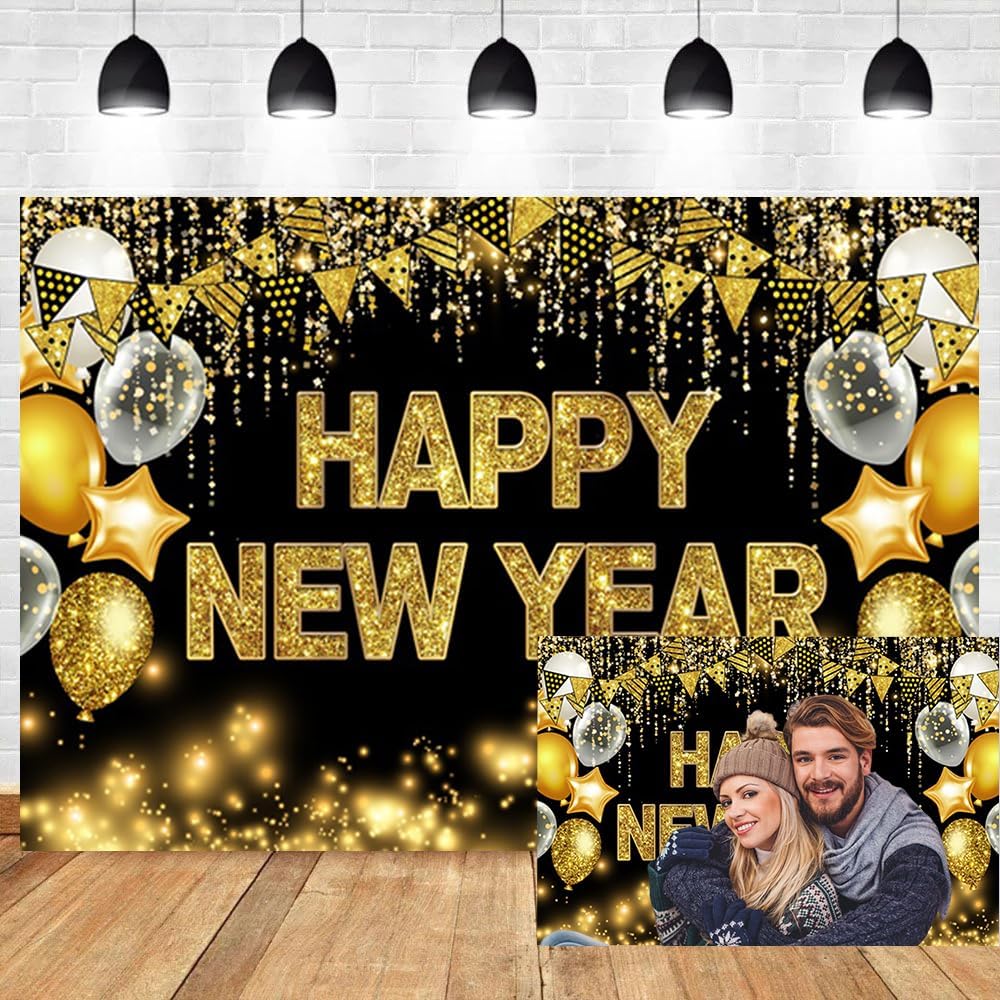 Amazon.com : OERJU 2024 Happy New Year Backdrop Black and Gold New Year ...