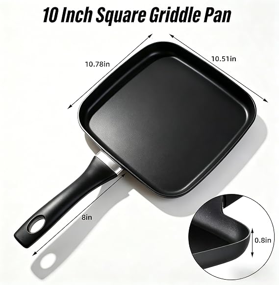 10 Inch Square Griddle Pan, Nonstick Grill Pan, for Eggs Omelettes Bacon, Griddle Cookware for Breakfast Lunch Dinner, Family Kitchen