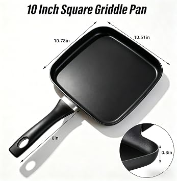 10 Inch Square Griddle Pan, Nonstick Grill Pan, for Eggs Omelettes Bacon, Griddle Cookware for Breakfast Lunch Dinner, Family Kitchen