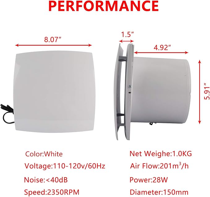Ventilador Extractor Silencioso de 6" / 150 mm para Baño, Cocina, Dormitorio y Garaje, con Tornillos de Montaje miniatura 2