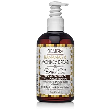 Shea Terra Organics Bananas and Monkey Bread Baby Oil with Cold Pressed Shea Nilotik Shea Butter Oil | All Natural Skin Care - 8 oz