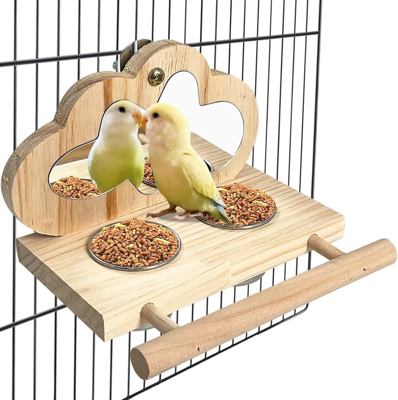 Comedouro para Aves Tfwadmx com 2 Tigelas de Aço Inoxidável, Poleiro de Madeira e Espelho