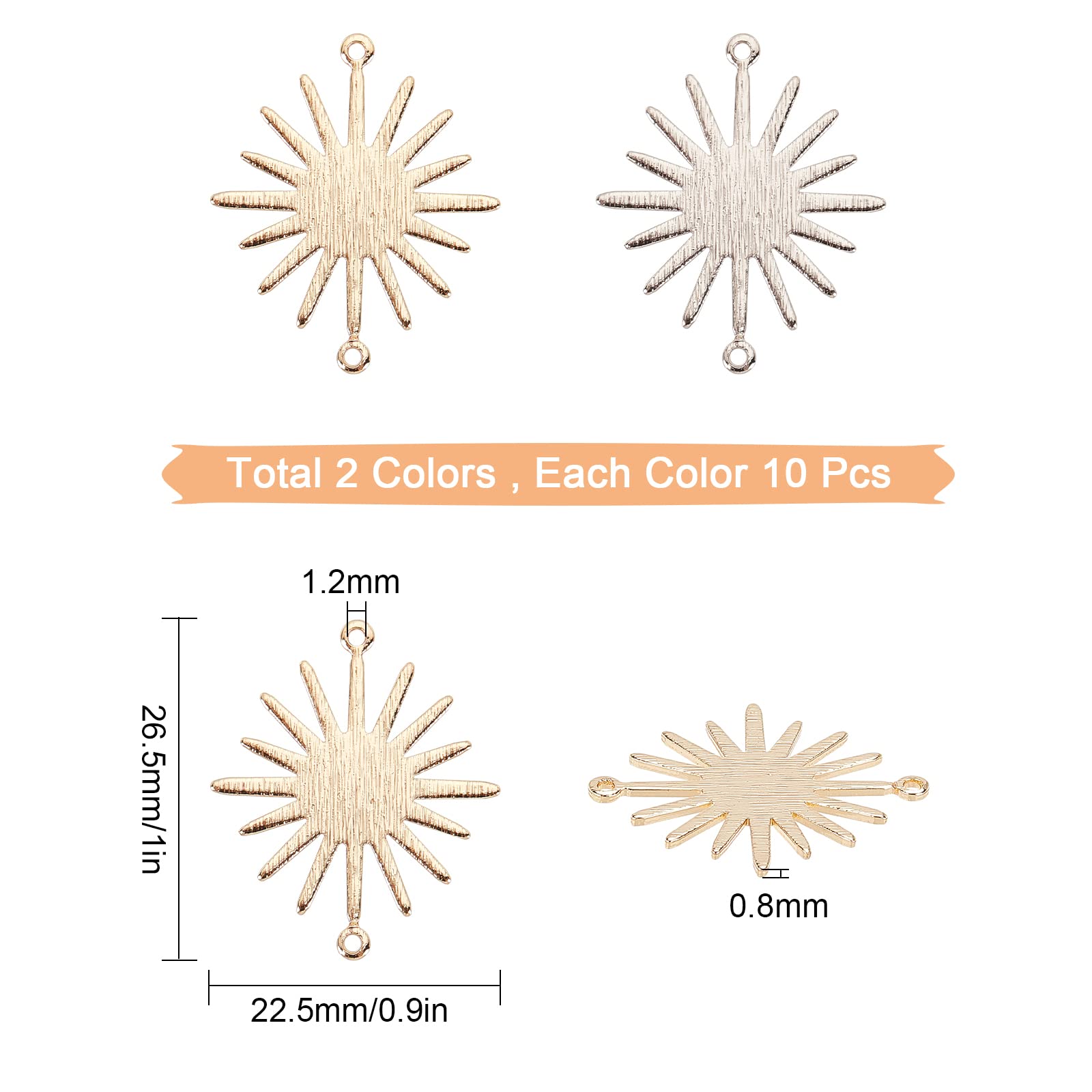 Charm sole in oro, 8 Charm da sole in ottone placcato oro con 1 anello