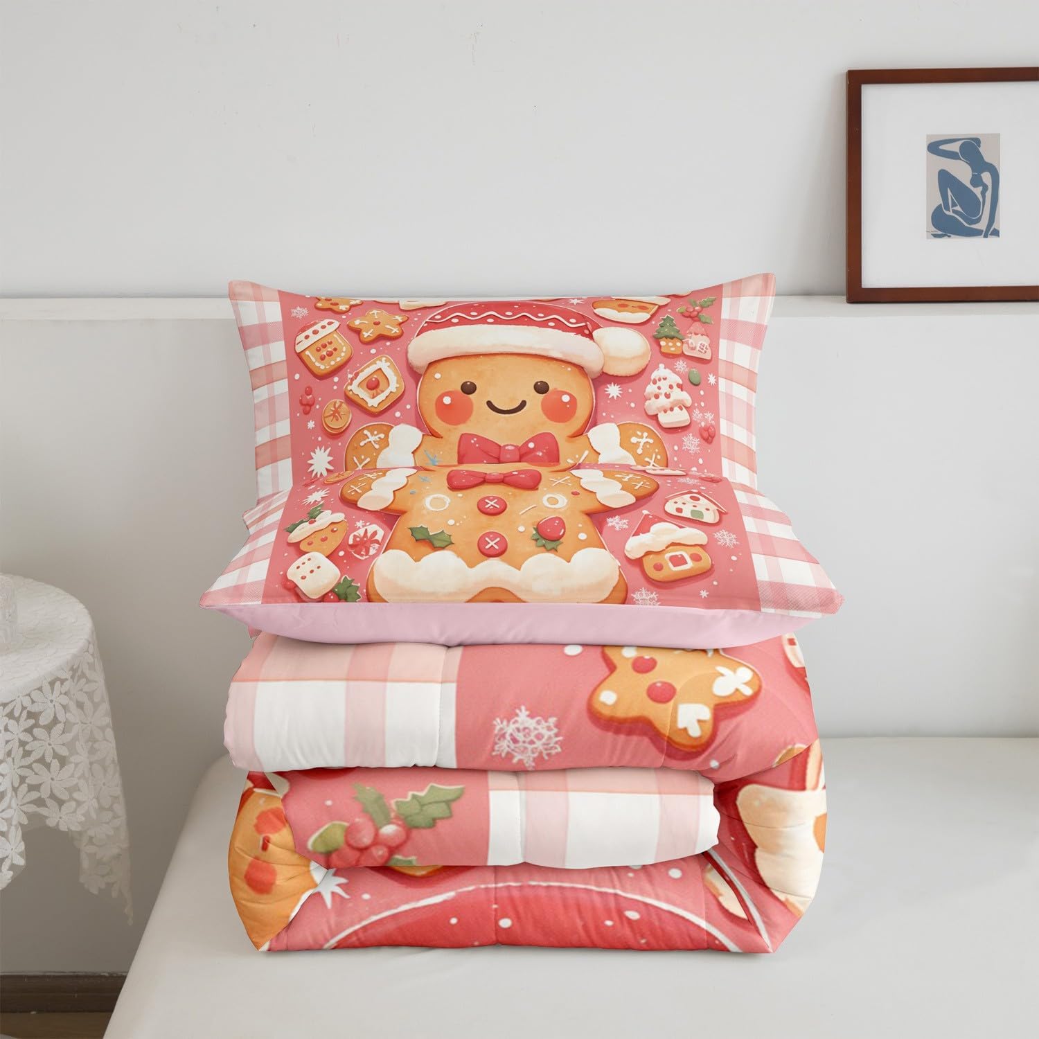 Manfei Gingerbread Man Bedding Set King Size,Kawaii Bow Hat Pink Grid Comforter Set for Kids Boys Teens Adult Room,Merry Christmas Down Comforter Soft Quilt with 2 Pillow Cases