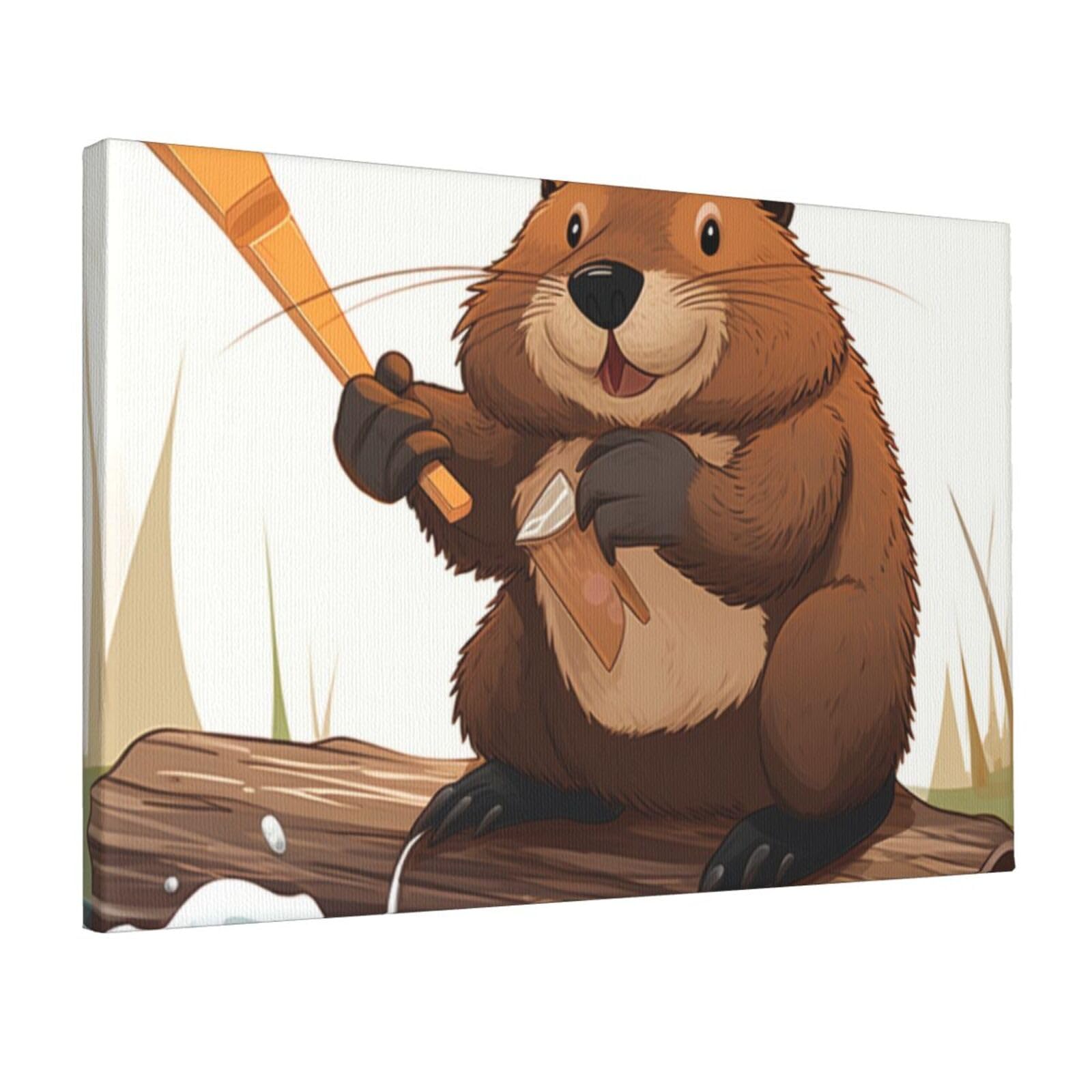 YKLJG beaver working Printed Wall Art Canvas Prints 45x30 CM Wooden Framed Picture Painting Artwork for Bedroom Kitchen Home Office Decor