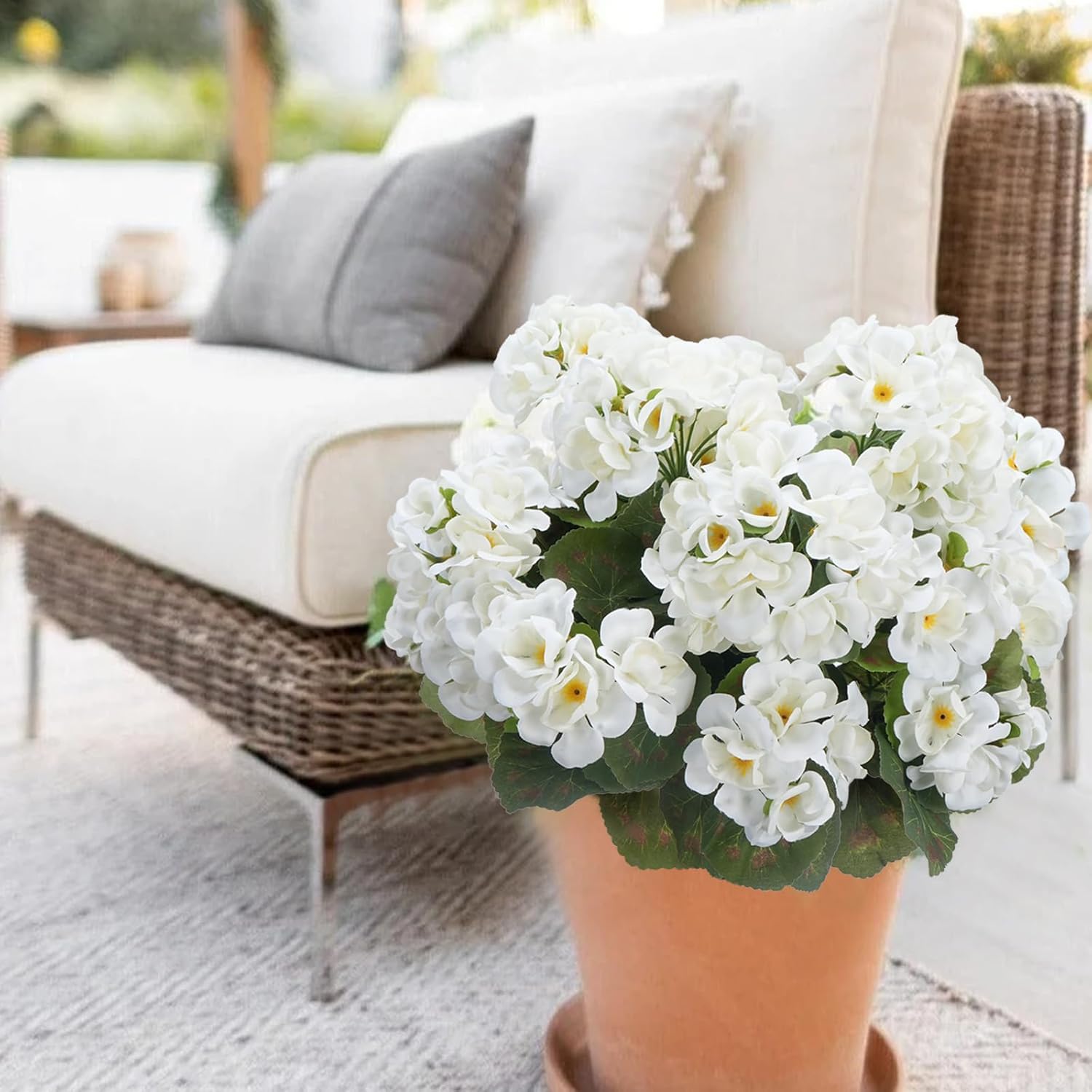 4pcs Artificial Geranium Flowers for Outdoors 14" Silk Geraniums White Flower UV Resistant Faux Plants for Home Garden Porch Planter Patio Balcony Yard Indoor(White) - Image 3