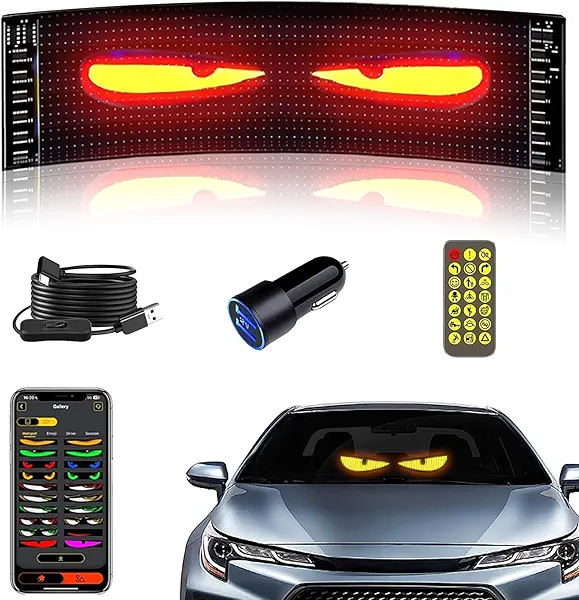 Flexible Devil Eyes Light for Windshield,LED Sign for Car,LED Digital Panel with Animations, Remote Control & Bluetooth APP for Cars,SUVs,Trucks(14.6'' * 3.6'')