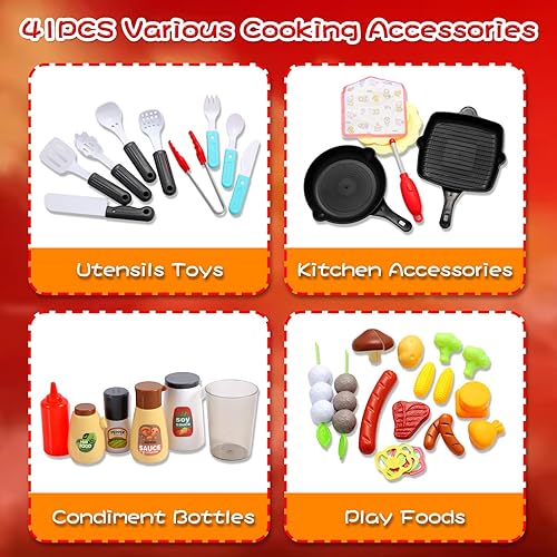 Miniatura 3 de Juego de barbacoa para niños con humo simulado, sonido y luz, juego de cocina con 41 piezas de comida de juguete, juguetes interactivos de cocina
