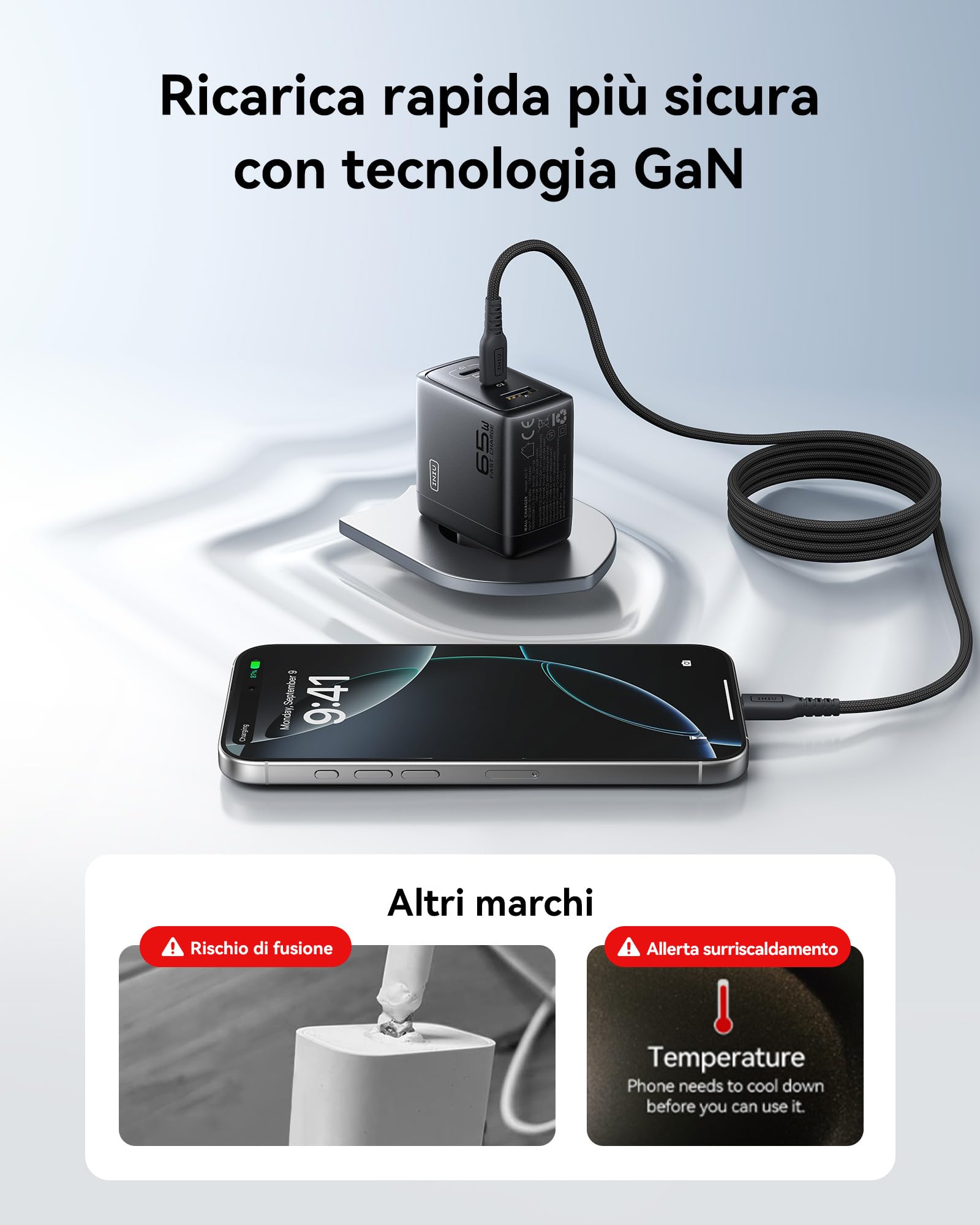 INIU 65W Caricatore USB C, 3-Porte Presa USB Multipla PD & QC per iPhone 16 15 Pro Max, iPad Pro, Samsung S25 S24 S23