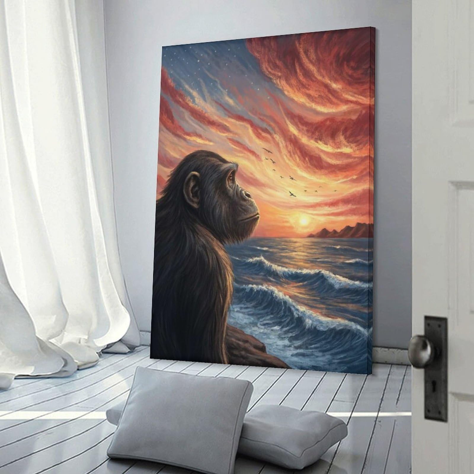 Junmoney Chimpanzee Gazing at Sunset Over Ocean Canvas Wall Picture 20x30inch(50x75cm), for Living Spaces, Bedrooms Or Relaxed Rooms, Modern Wall Decor for Cosy Interiors