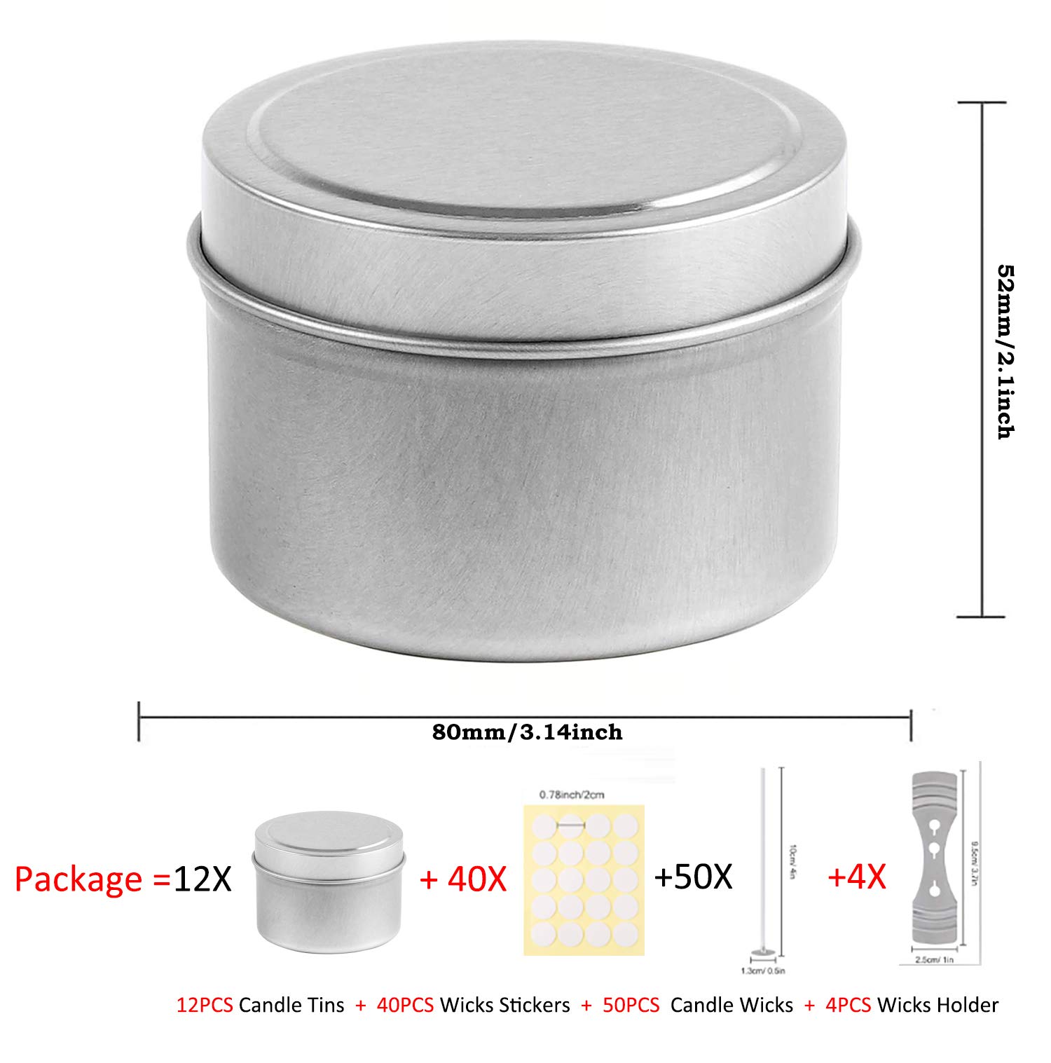 Candela Barattoli per la Fabbricazione di Candele, Candela Che Fa I Kit Includono 12 Pack 8 Once di Metallo Candela Vasi con Coperchio, stoppini di cotone di 50, 4 Stoppino Titolari (8OZ,Silver)