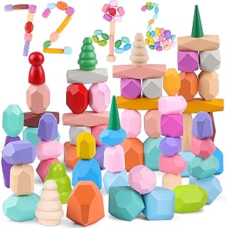 AROIC Wooden Stacking Rocks Toys for 3 Year Old Boys Girls,Preschool Educational Toddlers Toys, Big Building Blocks for Toddlers 3-5, Wooden Stone Balancing Blocks