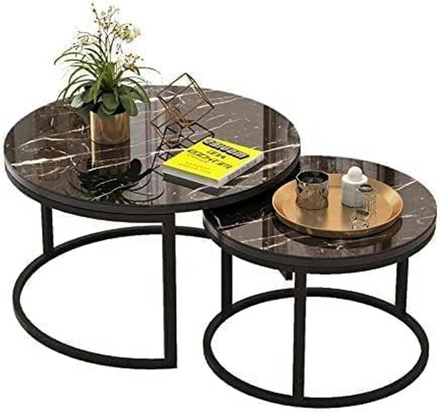 AMNOOL Tempered Glass Nesting Tables Set, Modern Metal Frame Coffee Table Furniture for Living Room