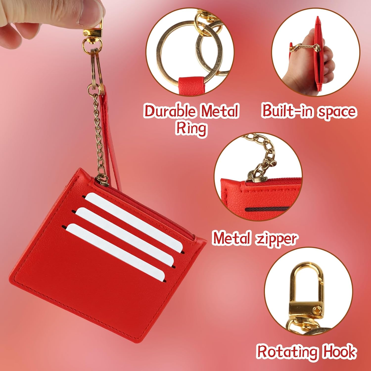 Small Wallets Woman Credit Card Holder for Women Mini Front Pocket Wallet Slim Travel Purse With Keychain (Red)