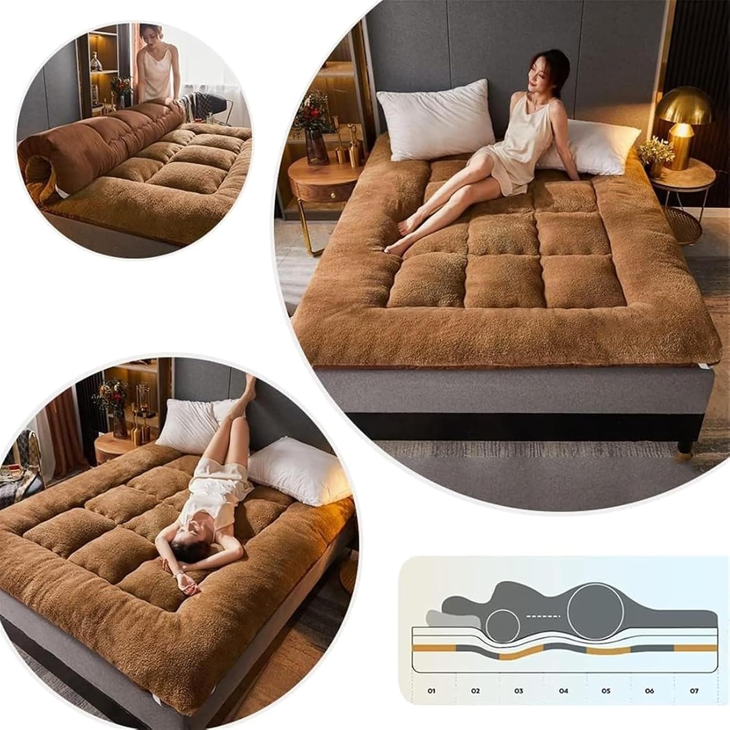 Large Thick Tatami Mattress, Foldable Mattress, Rollable Mattress, Portable Mattress, Bed Cover, Sleeping Mat, Tatami Mat With Feather Fabric Fiber, Single Double Bed (gray, 90x200cm 1.2kg)(Brown,150x
