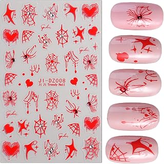 Spider Nail Stickers Shiny Crystal Diamonds Halloween Nail Stickers Spiderweb Heart Cobweb 3D Nail Art Design Decals Red White Blue Self-Adhesive Festival DIY Manicure Decoration for Women 2PCS