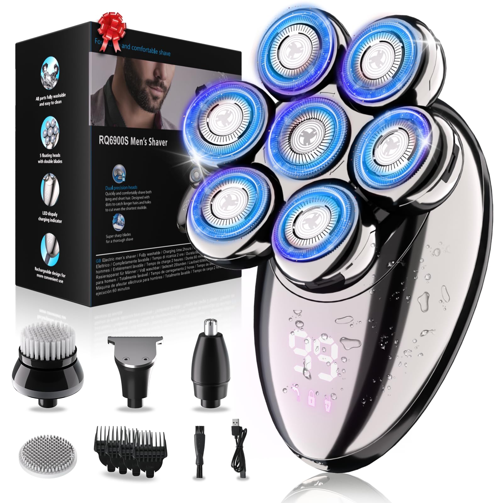Head Shavers for Bald Men, Electric Razor, IPX8 Waterproof Dry/Wet Bald Head Shaver with 10000 RPM High-Speed Motor, Rechargeable Head Razor with LED Display, USB-C Cable, Perfect for Home & Travel