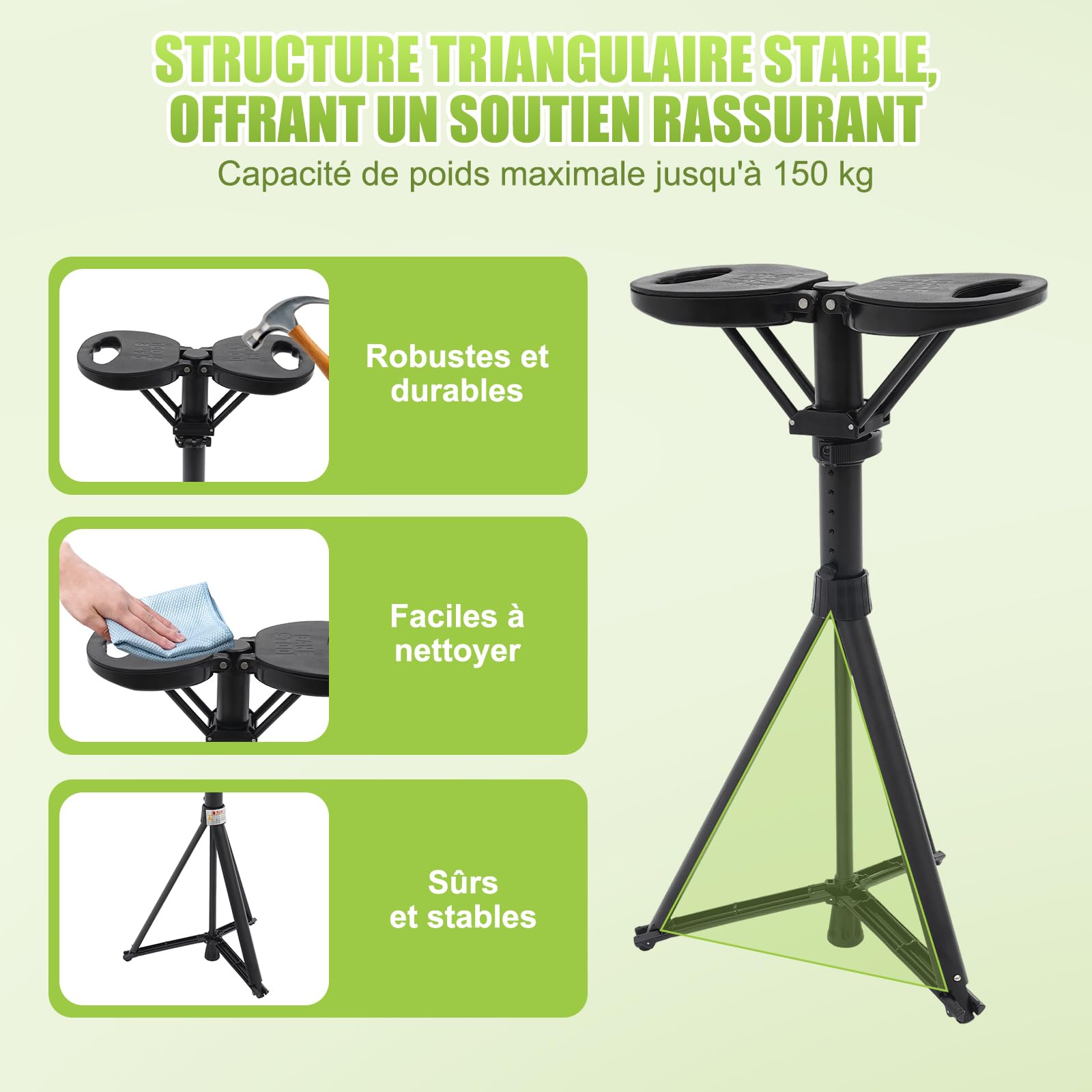 Canne de marche portable pliable avec siège - Avec sac de transport - Pour adultes et personnes âgées - Charge maximale : 150 kg - Pour les voyages en plein air