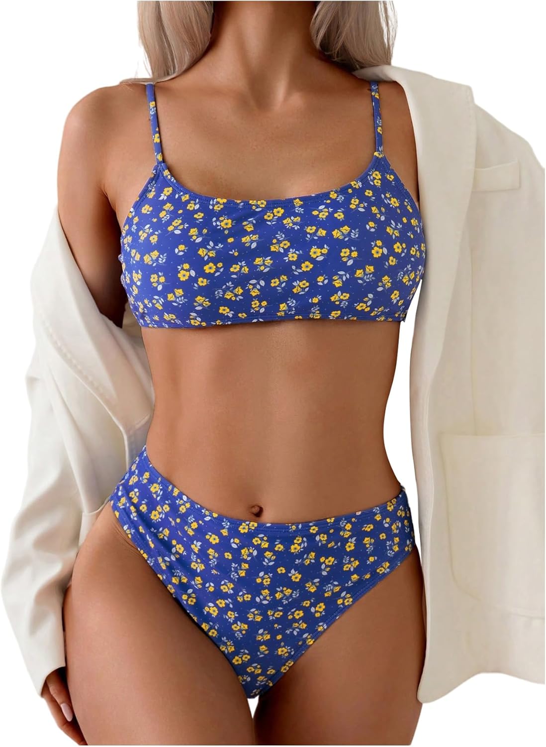 SOLY HUX Women's 2 Piece Bathing Suit Floral Print High Waisted Scoop Neck Cute Bikini Set Beachwear