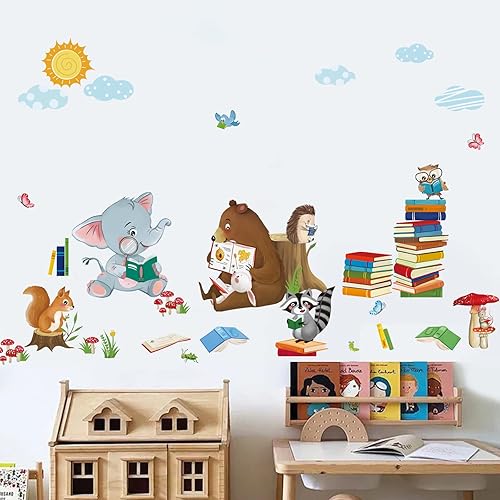 decalmile Calcomanías de pared educativas de lectura de animales, elefante, oso, ardilla, pegatinas de pared, dormitorio, niños, aula, guardería,