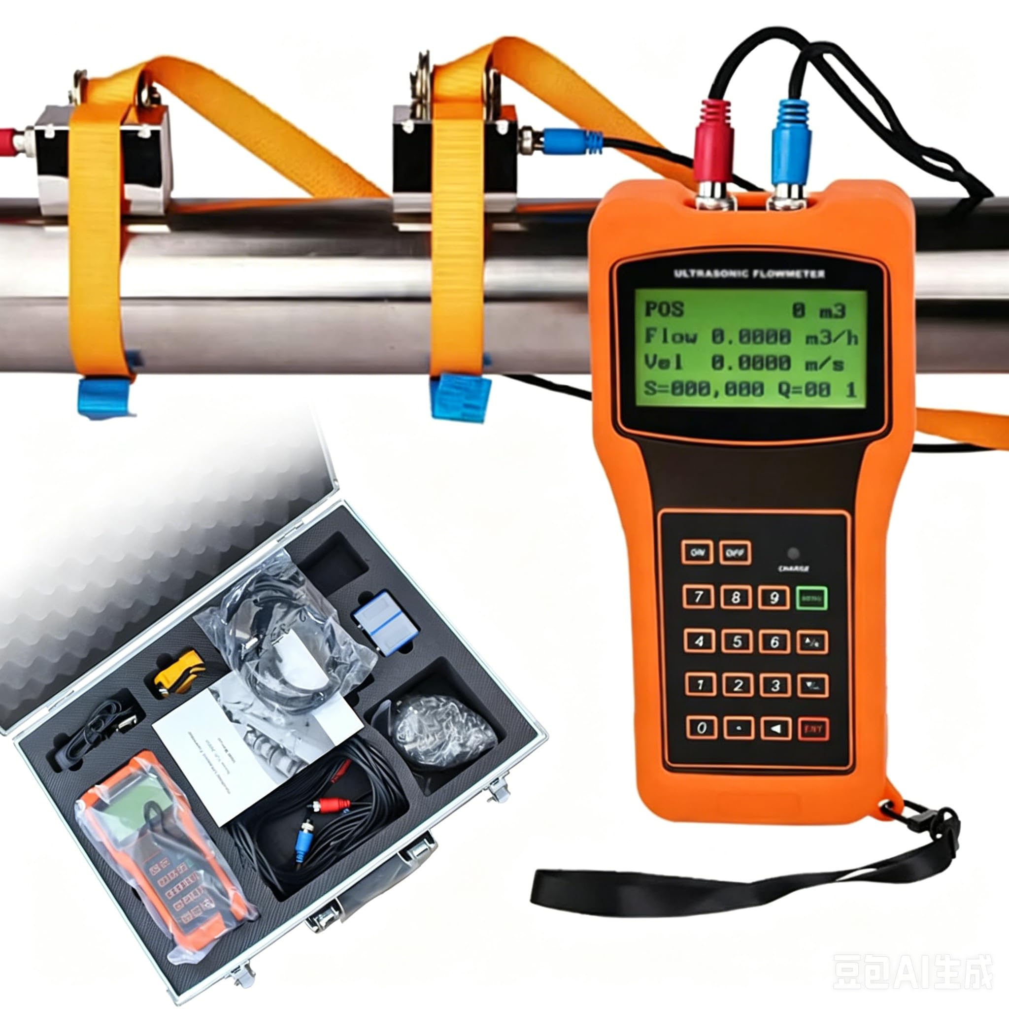JIANGYUXINLI Handheld Ultrasonic Flow Meter, Portable Clamp-On Flowmeter, Non-Intrusive, 6 Sensors (High/Low Temp TS-2, TM-1, TL-1), DN15-6000mm, 2000-Row Log, 12Hr+ Battery, ±1% Accuracy