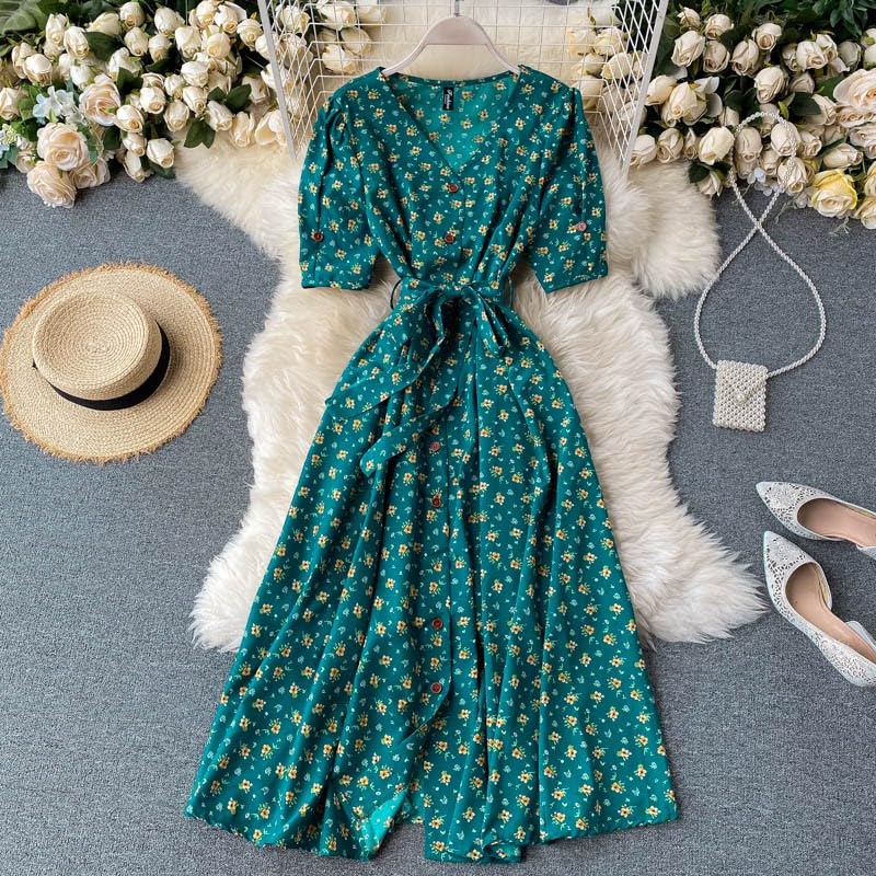 Gufrina Dresses for Women Half Sleeve || Floral Print || V-Neck and Puff Sleeves || Front Open Button & Tie-Up || Midi Dress (Green M)