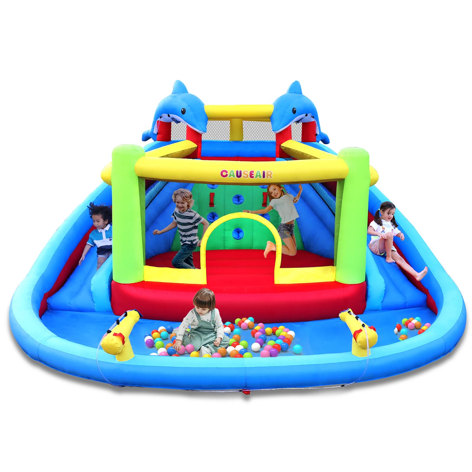 Causeair Inflatable Bounce House with Slide,Dolphin Styling,Splashing Pool,Double Water Cannon,Climbing Wall,Heavy Duty GFCI Blower,Inflatable Water Park Slide for Kids Backyard Summer