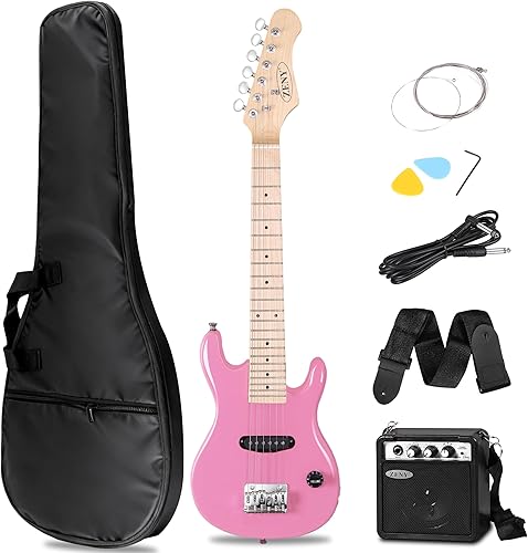 ZENY Guitarra eléctrica infantil de 30 pulgadas con amplificador de 5 W, bolsa de concierto, correa, cable, cuerdas y púas, kit de accesorios Rosa