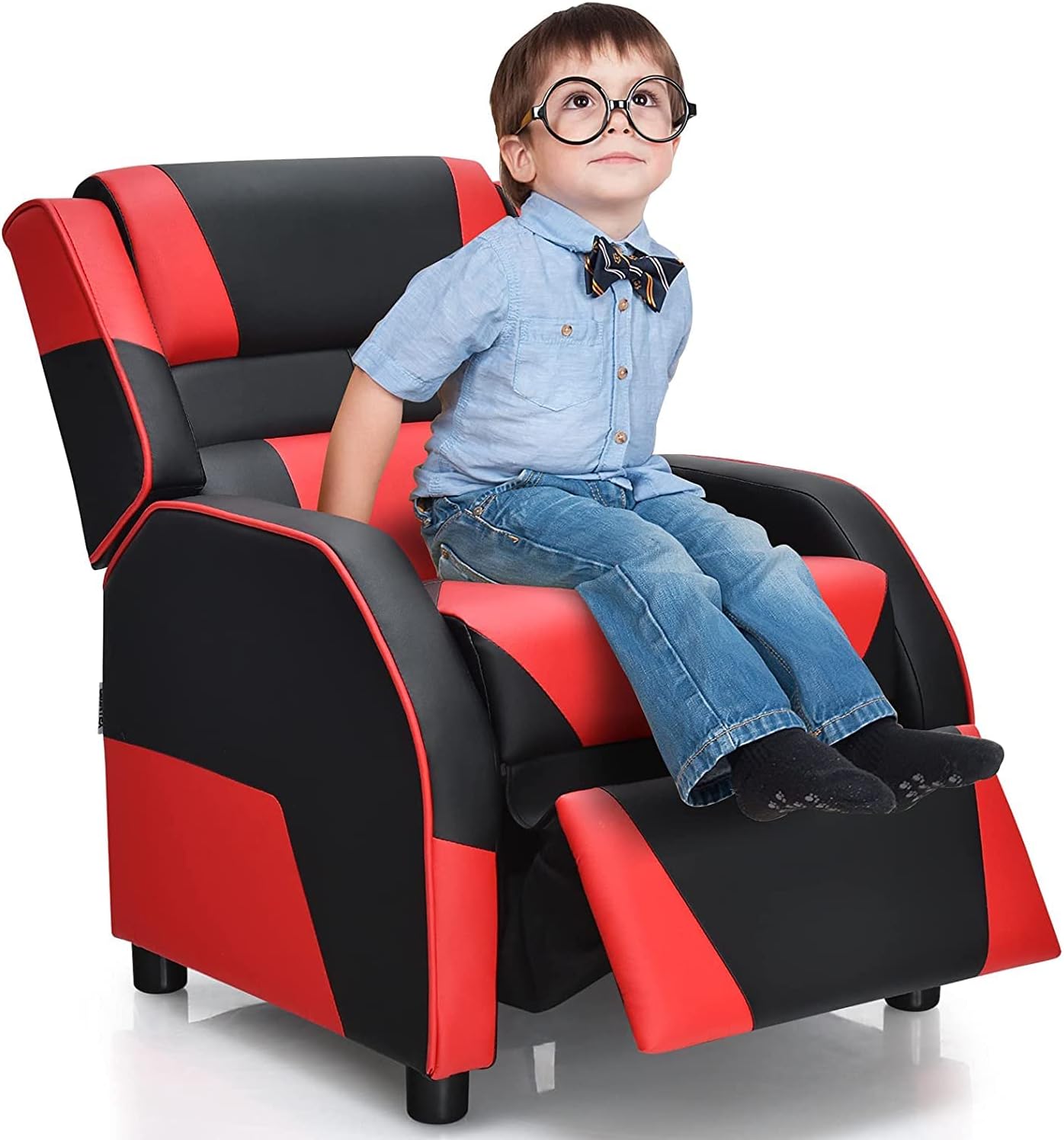 HONEY JOY Kids Recliner, Youth Game Reclining Chair w/Headrest & Back Pillow, Upholstered Leather Lounge Chair for Boys Girls, Manual Adjustable Toddler Single Sofa Chair for Living Room (Red)