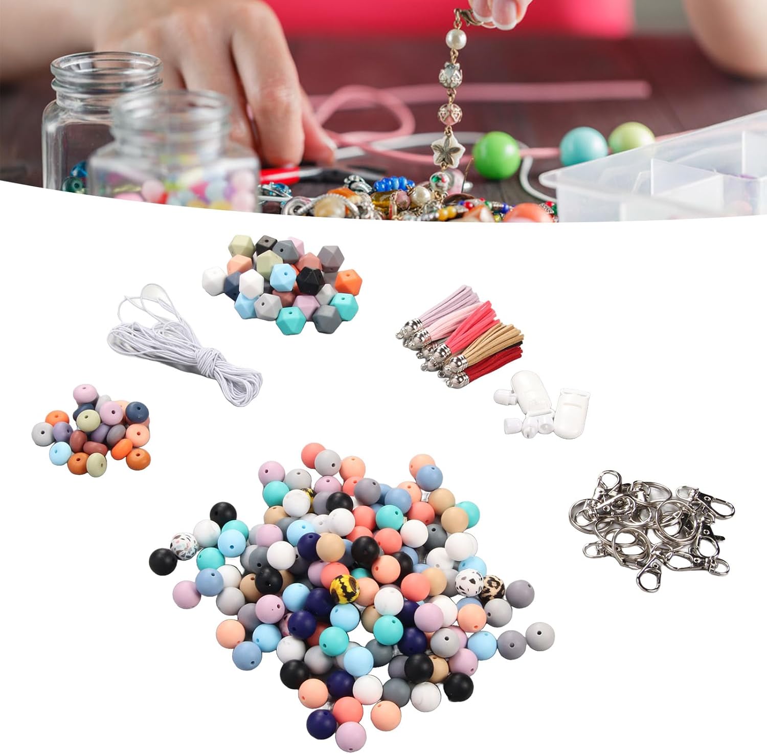 235pcs Silicone Beads for Keychain Making,0.6in Silicone Beads kit for Keychain Bracelet Lanyards Pens with Key Rings and Tassels