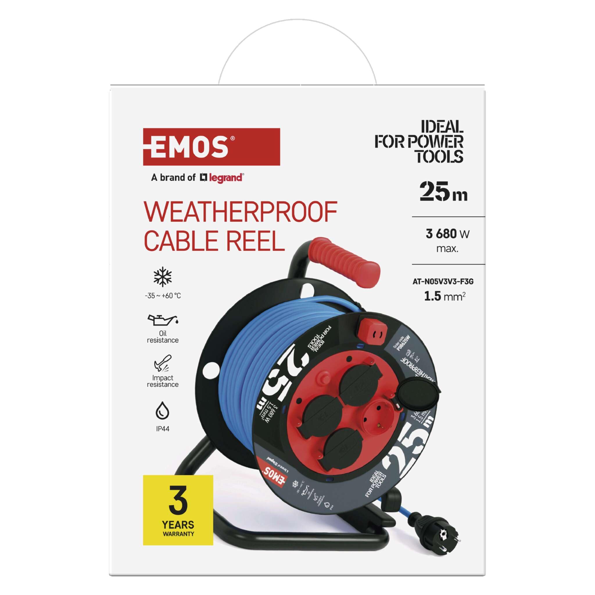EMOS ganzjährige Outdoor-Kabeltrommel mit Silikon-Isolierung, 25m Kabel 1,5 mm2 mit 4 Schuko Steckdosen, IP44 wasserdicht und frostbeständig für Außenbereich, Industrie, Baustelle