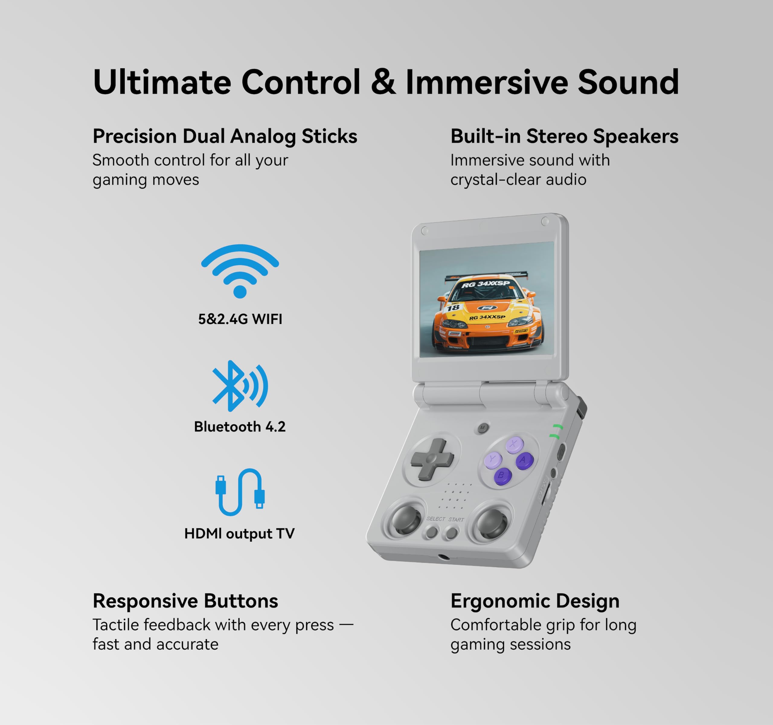 RG34XXSP, Console di gioco retrò - Design a scatto, schermo IPS da 3,4", scheda TF 64G, stile portatile (grigio 64G)