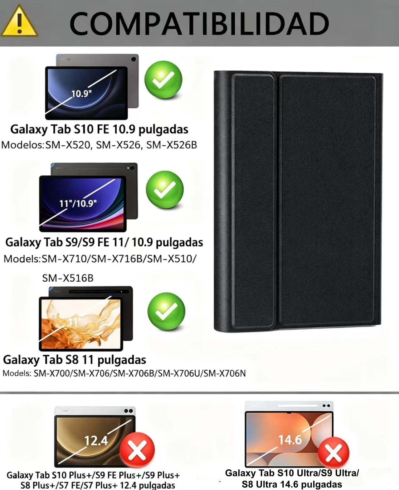 para Samsung Galaxy Tab S10 Lite /Tab S10 FE /Tab S9 FE /Tab S9 /Tab S8/Tab S7 10,9-11 Pulgadas Funda con Teclado inalámbrico Bluetooth retroiluminado (Teclado QWERTY, distribución española) y ratón