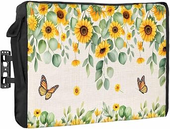Outdoor TV Cover 32 Inch Sunflower TV Enclosure Butterfly Farmhouse Floral Green Leaves Linen TV Covers for Outside TV Display Screen Protector with Remote Control Pocket Home Decor