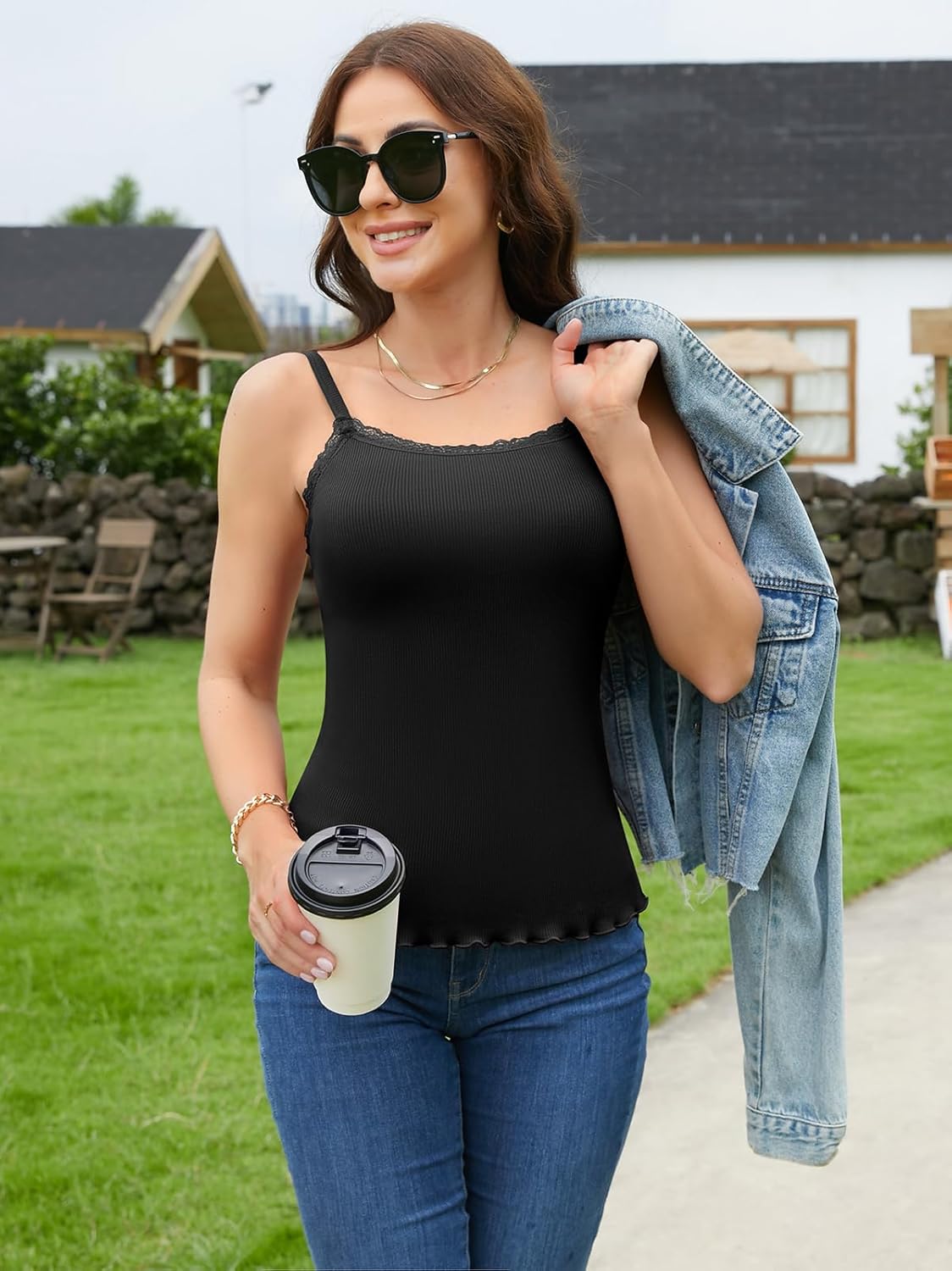 V FOR CITY Women Built-in Bra Camisoles Lace Adjustable Strap Tank Tops Ribbed Cami Undershirts - Image 7