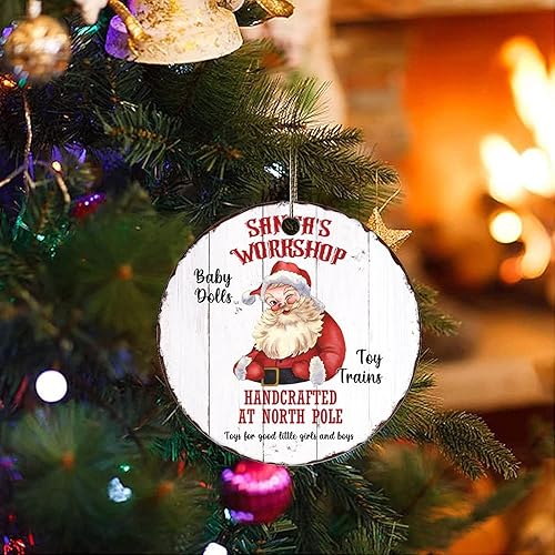Miniatura 3 de Two-Side Printed Santas Workshop Ceramic Christmas Ornament Novelty for Family Friends Kids Wood Grain Christmas Keepsake Pendants